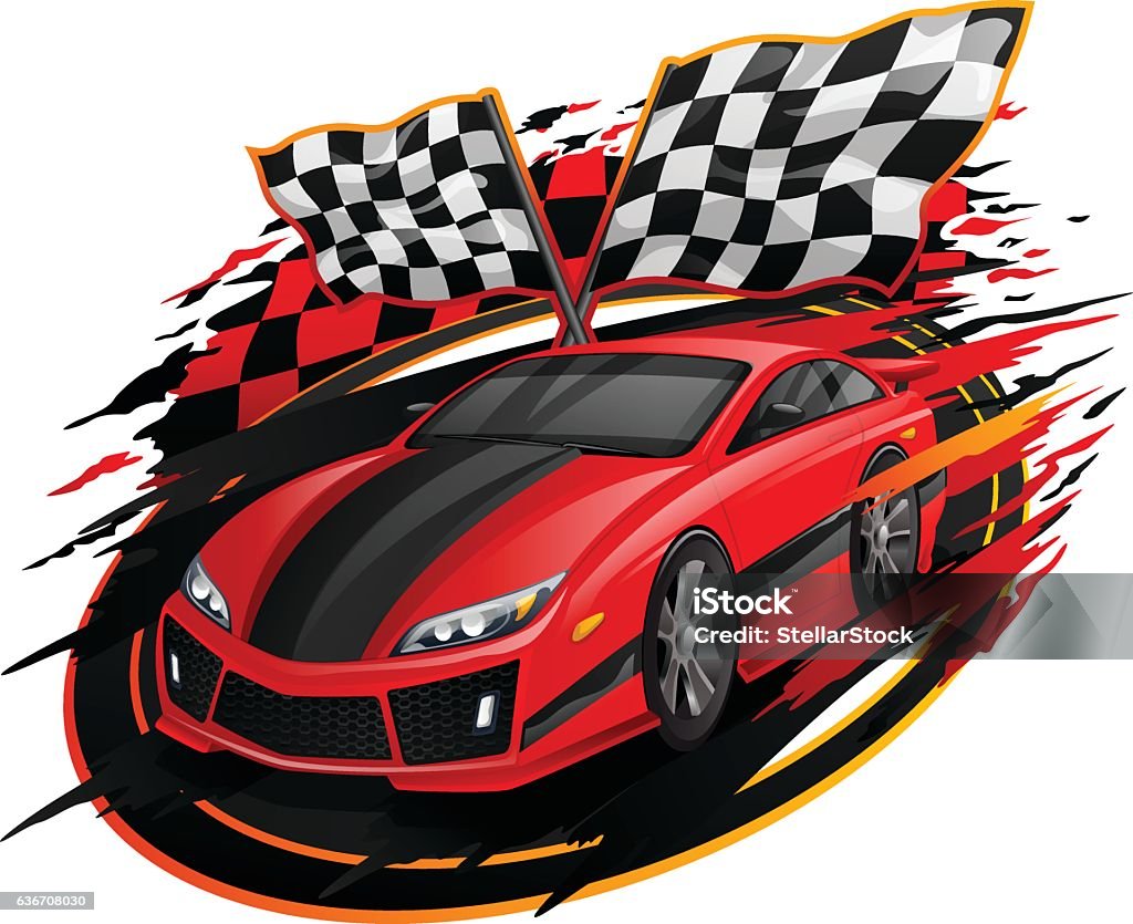 Speeding Racing Car Design Speeding Racing Car with Checkered Flags & Racetrack Design  Racecar stock vector