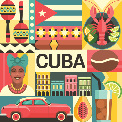 Vector illustration with Cuban culture and food icons, including maracas, retro car, dish with lobster, architecture and portrait of Cuban Woman in trendy flat style.