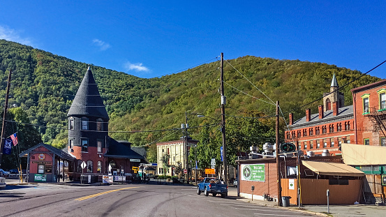 Jim Thorpe, Pa USA - September 28, 2016: Route 209 passes through this scenic landscape with historic buildings in Jim Thorpe Pennsylvania.