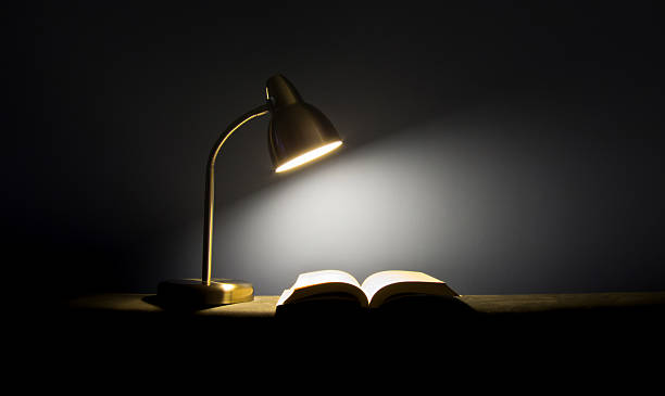 istock Single lamp illuminating a book in the dark. 636710584