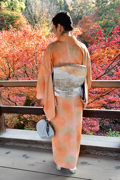 mujer japonesa en kimono disfrutando del follaje de otoño en tofuku-ji, kioto - obi sash fotografías e imágenes de stock