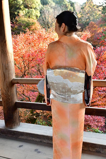 donna giapponese nel kimono che si gode il fogliame autunnale a tofuku-ji, kyoto - obi sash foto e immagini stock
