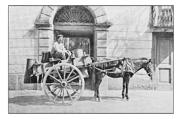 Antique dotprinted photographs of Italy: Naples, street market milk vendor Antique dotprinted photographs of Italy: Naples, street market milk vendor horse cart photos stock illustrations