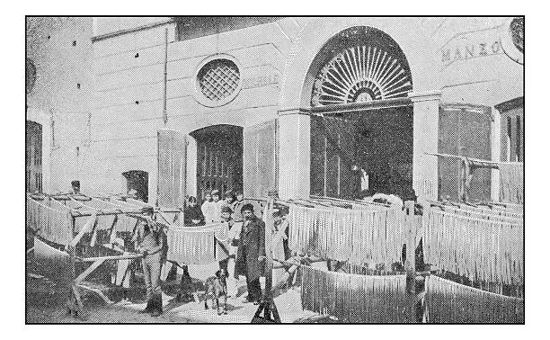 antique dotprinted photographs of italy: naples, pasta factory - napoli stock illustrations