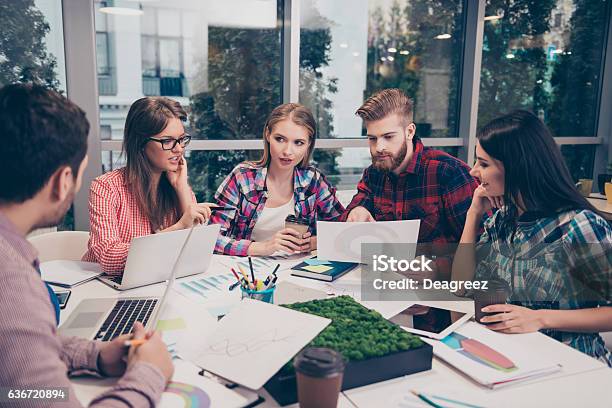 Busy Team Of Managers Working Hard To End Project Stock Photo - Download Image Now - New Business, Table, Teamwork