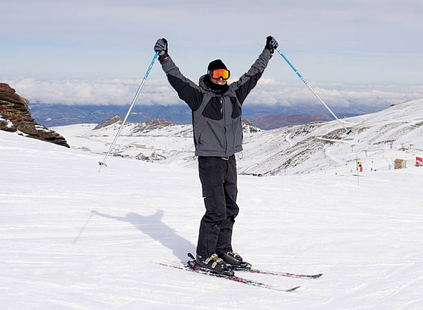 happy man happy in snow mountains at ski resort - corvatsch imagens e fotografias de stock