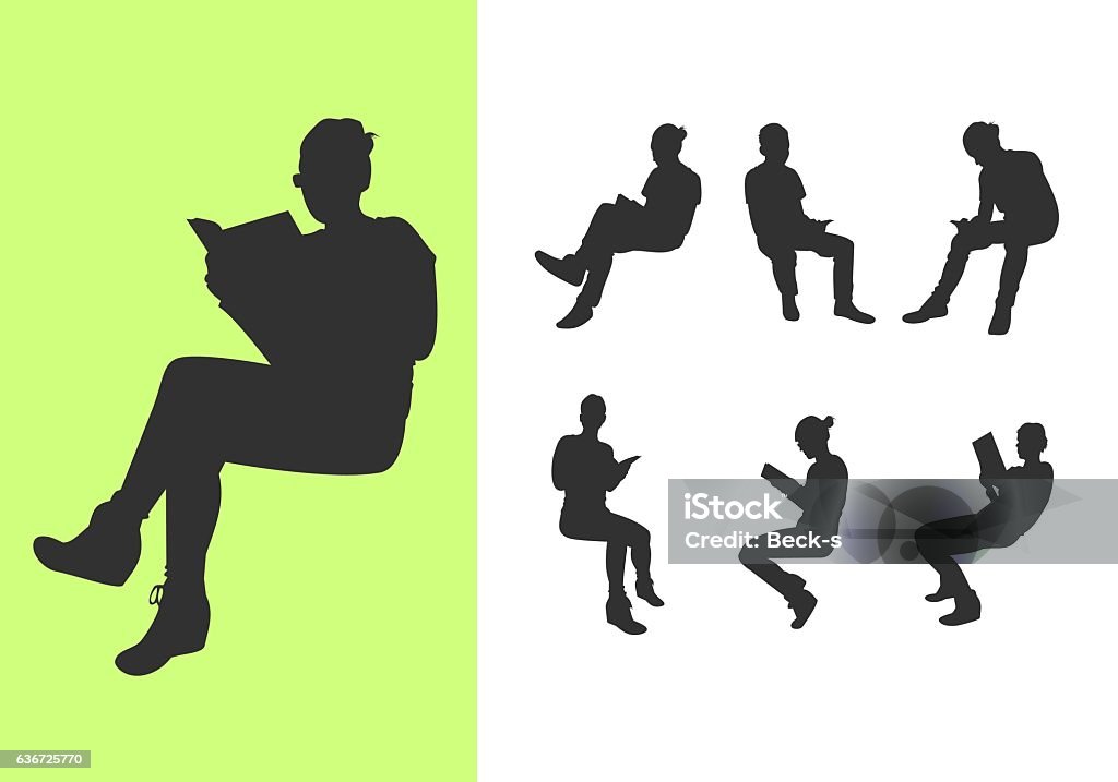 Set of silhouettes reading a book Black silhouettes reading a book or magazine Sitting stock vector