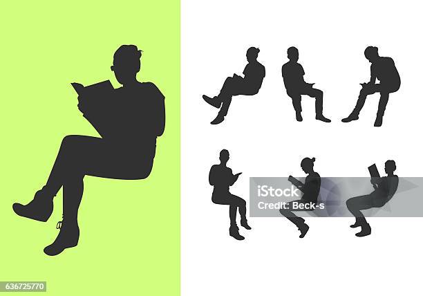 Set Of Silhouettes Reading A Book Stock Illustration - Download Image Now - Sitting, In Silhouette, People