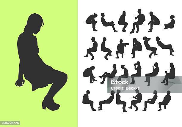 Set Of Sitting Silhouettes Stock Illustration - Download Image Now - In Silhouette, Sitting, People