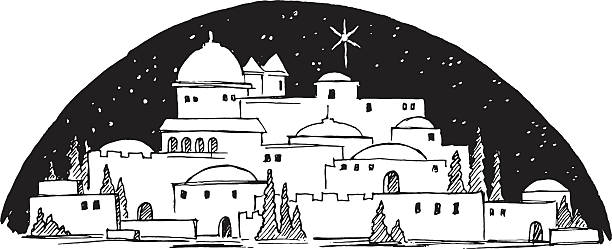 Middle eastern city by night Artist depiction of holy city, Bethlehem 2+ centuries ago. Hand drawn pen and ink, EPS file has been edited to only contain 1-color (black). All white areas are transparent making this file perfect for use as a page embellishment or other graphic element. bethlehem star stock illustrations