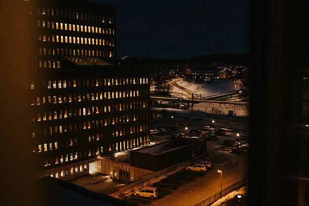 view from window at night of business center - sundsvall bildbanksfoton och bilder