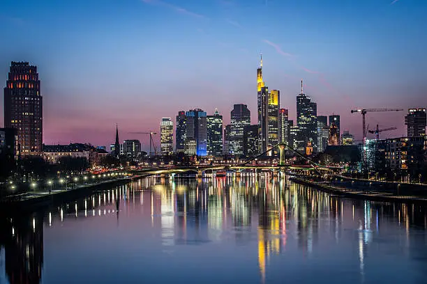 Frankfurt's Eastend at Night. European Central Bank, River Main, Modern Houses