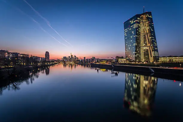 Frankfurt's Eastend while Sunset. European Central Bank, River Main, Modern Houses