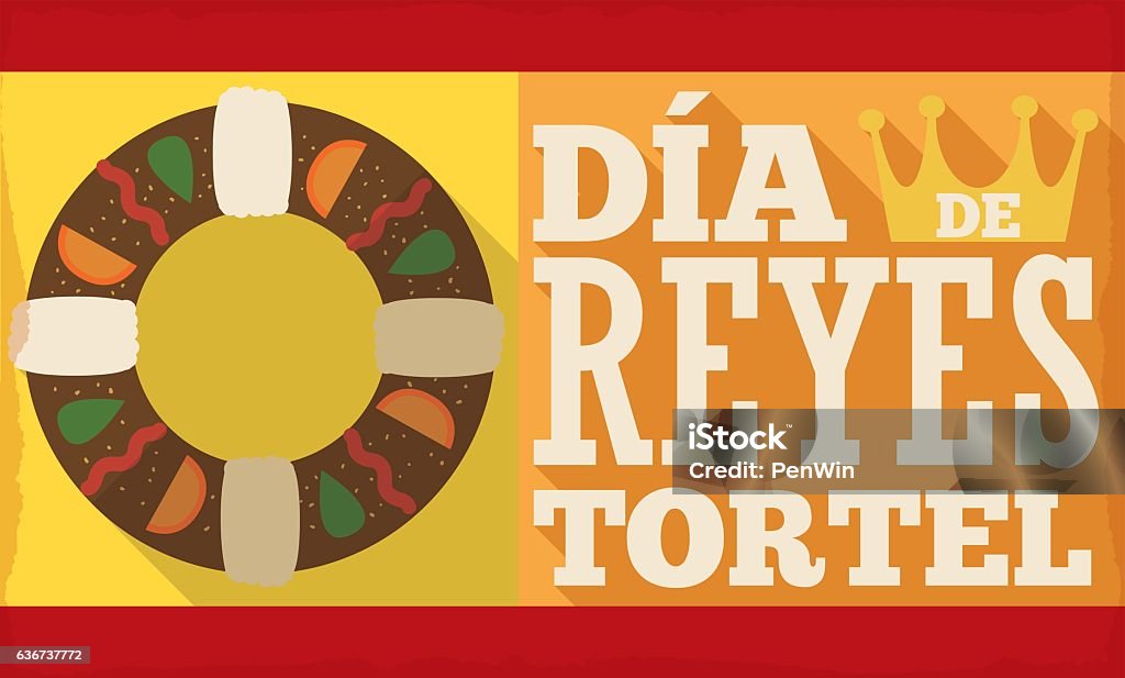 Banner with Tortell and Crown for Spanish 'Dia de Reyes' Banner with delicious tortell and crown design in flat style with long shadow effect for Spanish "Dia de Reyes" or Epiphany holiday. Epiphany Cake stock vector