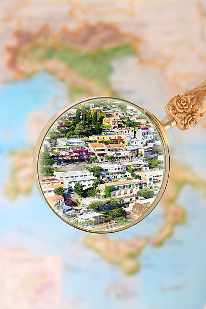 Positano Italy Magnifying glass looking in on Positano,Italy amalfi coast map stock pictures, royalty-free photos & images