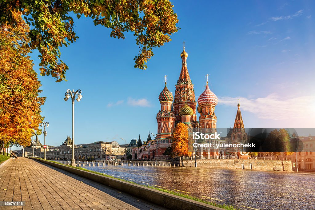 Autumn Gold by the eyes of Cathedral Autumn Gold by the eyes of St. Basil's Cathedral in Moscow in the early morning Moscow - Russia Stock Photo