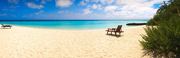 istock Beach lounger on sand beach 636742656