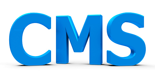 Blue CMS Content Management System symbol or icon isolated on white background, three-dimensional rendering, 3D illustration