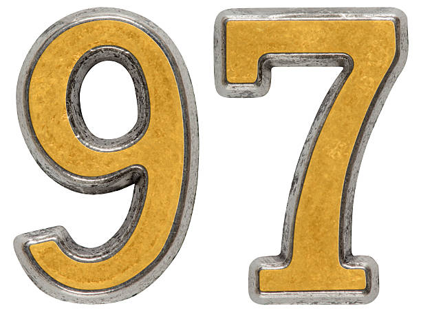 istock Metal numeral 97, ninety-seven, isolated on white background 636749916