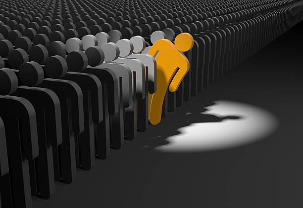 Person looks out from the crowd. 3d illustration