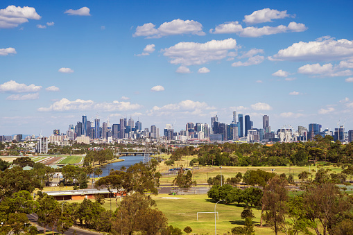 Melbourne's skyline viewed from a distance. 