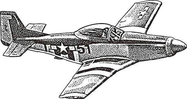 Mustang Fighter Plane Pen and Ink style illustration of a P-51 Mustang Fighter Plane.  Isolated on white. p51 mustang stock illustrations