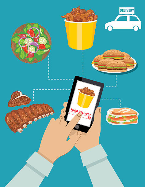 mann bestellt lebensmittel für die lieferung auf einer tablette - supermarket fast food fast food restaurant people stock-grafiken, -clipart, -cartoons und -symbole
