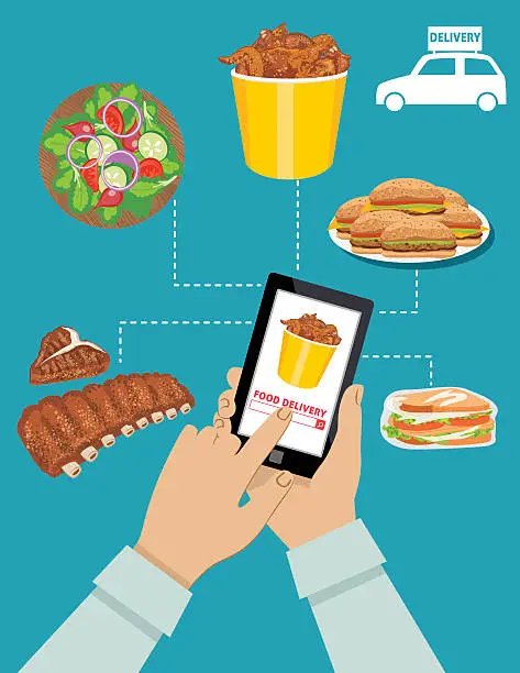 Vector illustration of Man Ordering Food For Delivery On A Tablet