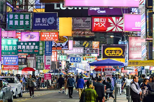 Photo of Hong Kong street scene with neon signs at night