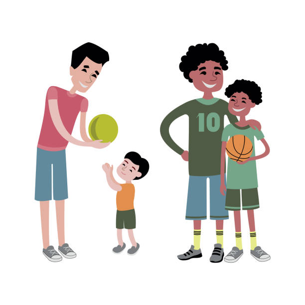 ojciec i dzieci razem wektor charakter. - basketball little boys male young adult stock illustrations