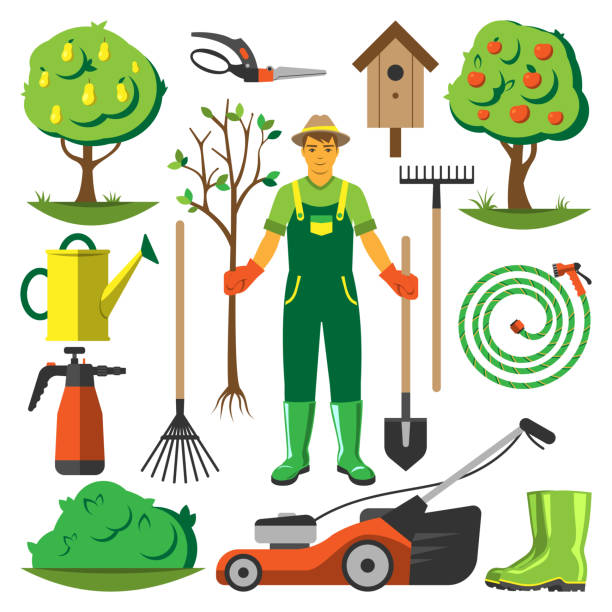 ilustraciones, imágenes clip art, dibujos animados e iconos de stock de vector plano del sistema del equipo del jardín. - gardening equipment trowel gardening fork isolated