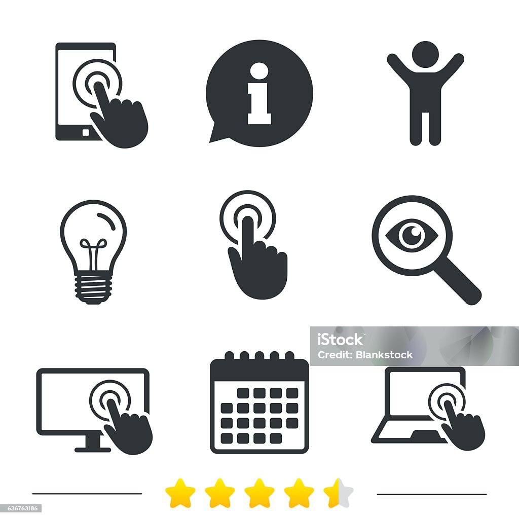 Touch screen smartphone. Hand pointer symbols. Touch screen smartphone icons. Hand pointer symbols. Notebook or Laptop pc sign. Information, light bulb and calendar icons. Investigate magnifier. Vector Touch Screen stock vector