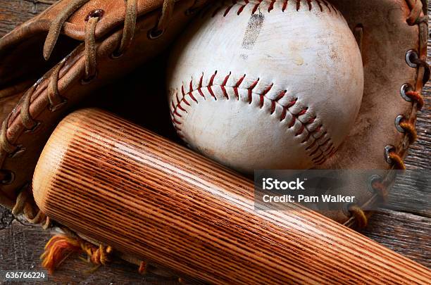Old Baseball Equipment Stock Photo - Download Image Now - Softball - Ball, Softball - Sport, Baseball - Ball