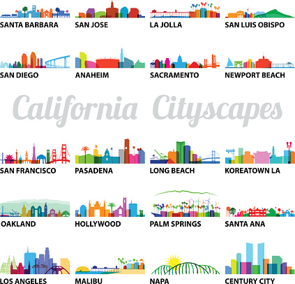 Series of Stylized California Cityscapes with overlay vector graphics