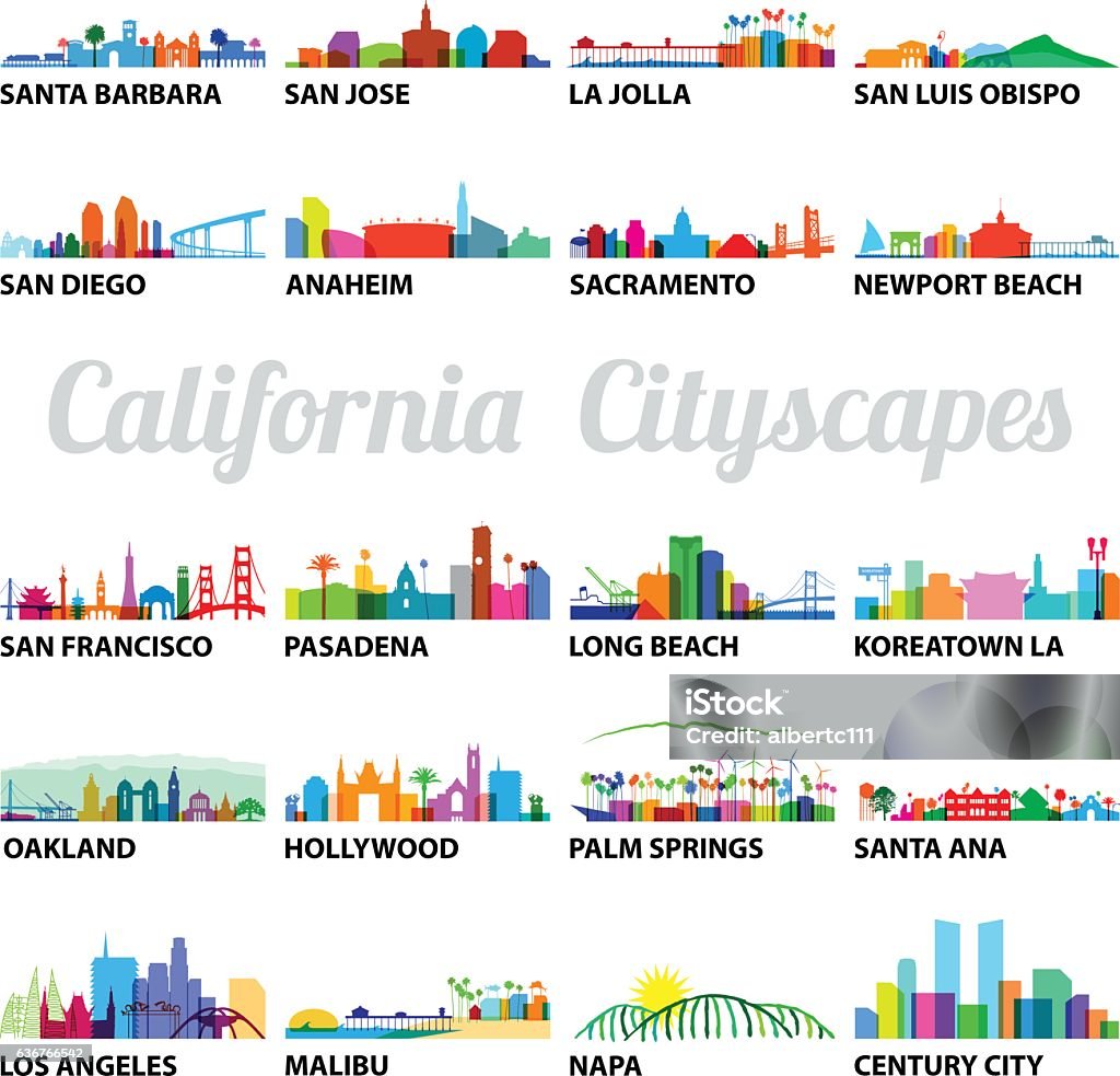 Series of Stylized California Cityscapes Series of Stylized California Cityscapes with overlay vector graphics Urban Skyline stock vector