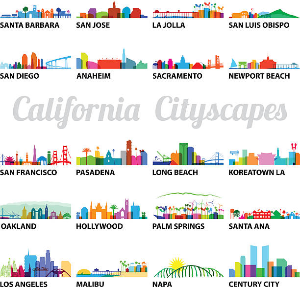 Series of Stylized California Cityscapes Series of Stylized California Cityscapes with overlay vector graphics anaheim california stock illustrations