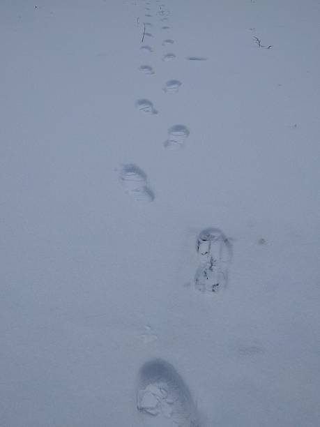 snow fußabdruck  - snow track human foot steps stock-fotos und bilder