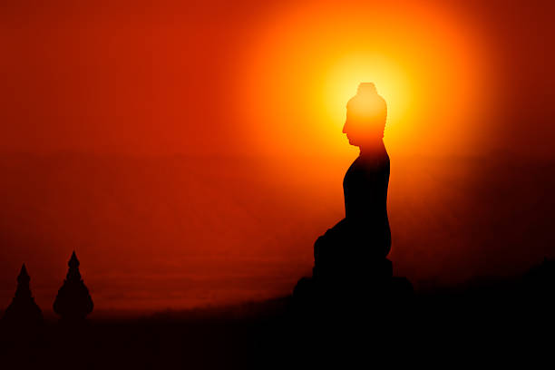 silhouette of buddha, buddhist shadow with wisdom enlighten light spread. - religion buddha buddhism temple imagens e fotografias de stock