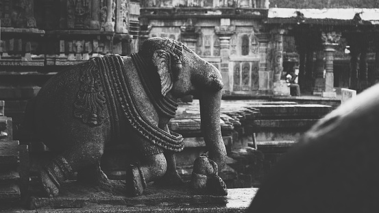 Sculpture of Chariot elephants in an ancient Indian temple