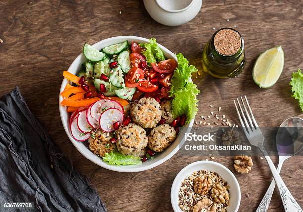 Baked Quinoa Meatballs And Vegetable Salad Stock Photo - Download Image Now - Salad, Meatball, Healthy Eating