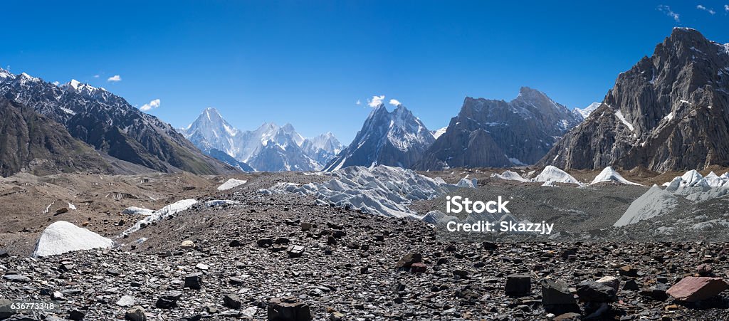 K2 trekking route from Goro II to Concordia camp Panoramic view of K2 trekking route from Goro II camp to Concordia camp, Gilgit, Pakistan, Asia Gasherbrum Massif Stock Photo