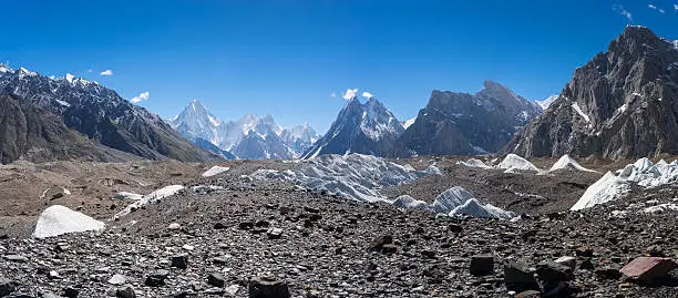 Panoramic view of K2 trekking route from Goro II camp to Concordia camp, Gilgit, Pakistan, Asia