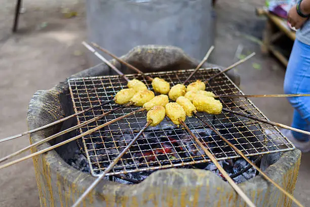 Sticky rice with egg grilled Asian traditional food, Kgawhie. Thailand culture