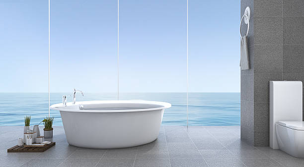 istock 3d rendering bright minimal bathroom near sea 636777506