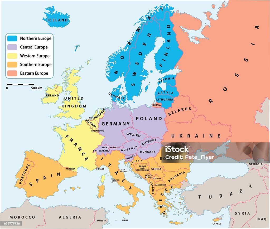 Regiones europeas en el mapa político de Europa - arte vectorial de Mapa libre de derechos