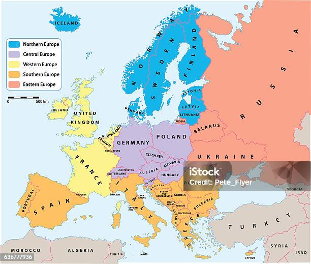 Ilustración de Regiones Europeas En El Mapa Político De Europa y más Vectores Libres de Derechos de Mapa - Mapa, Europa - Continente, Acuerdo de Schengen