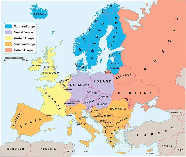 Vector illustration of European regions on Europe political map