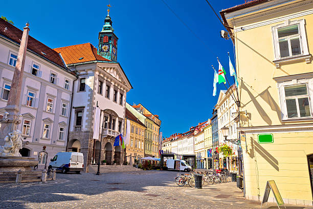 istock Ljubljana central square city hall view 636779456