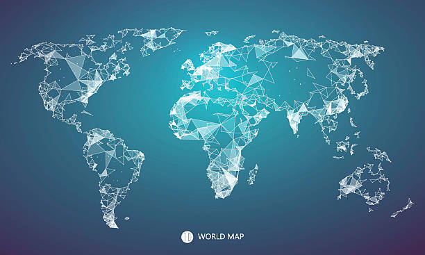 ilustraciones, imágenes clip art, dibujos animados e iconos de stock de punto, línea, composición de la superficie del mapa mundial. - comunicación global ilustraciones