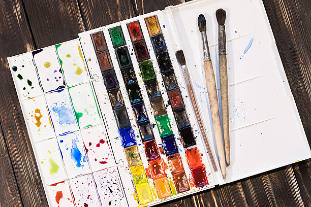 istock Watercolor palette with old brushes 636783534